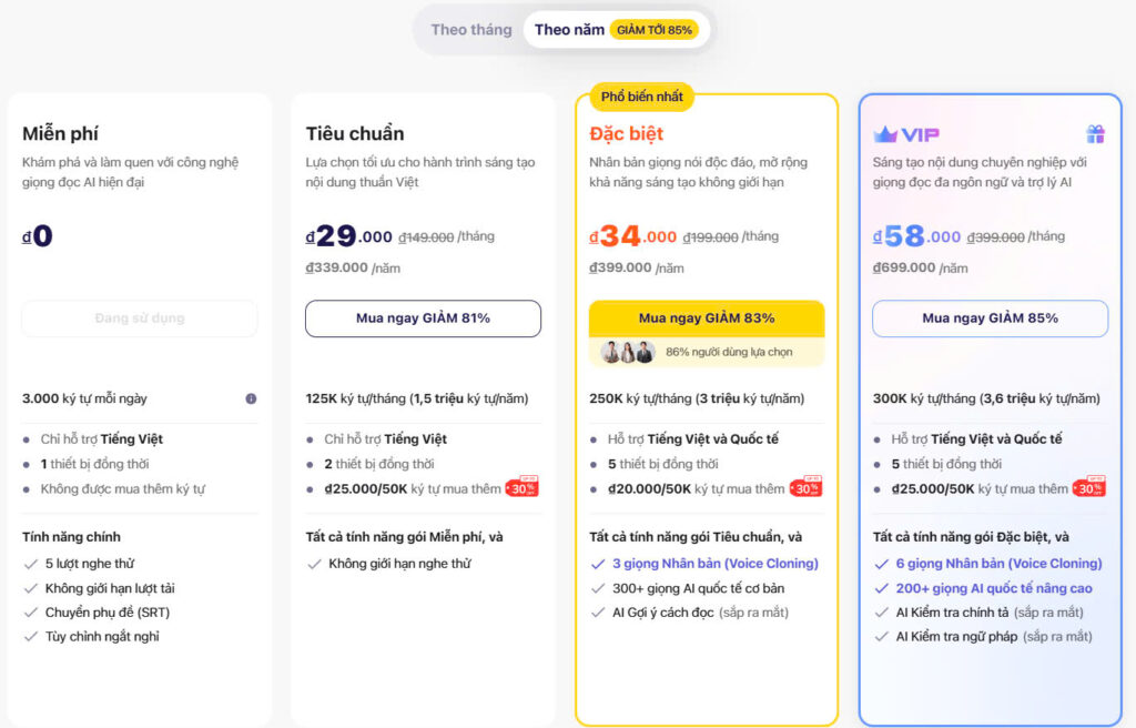 Voice Ai, Chuyển Văn Bản Thành Giọng nói- Bảng Giá Vbee
